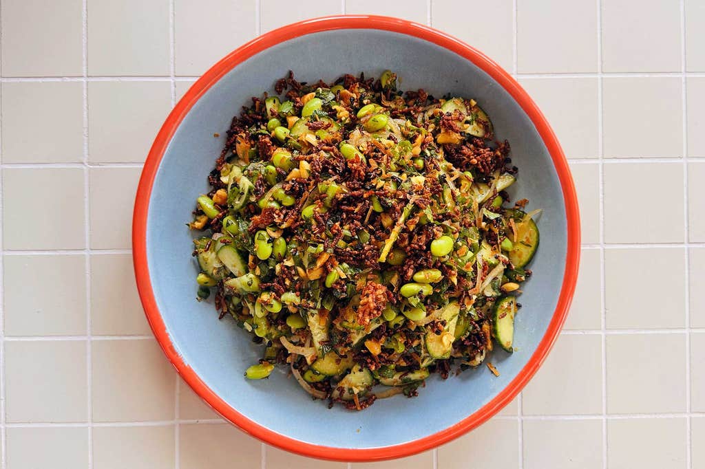 Crispy coconut rice and herb salad