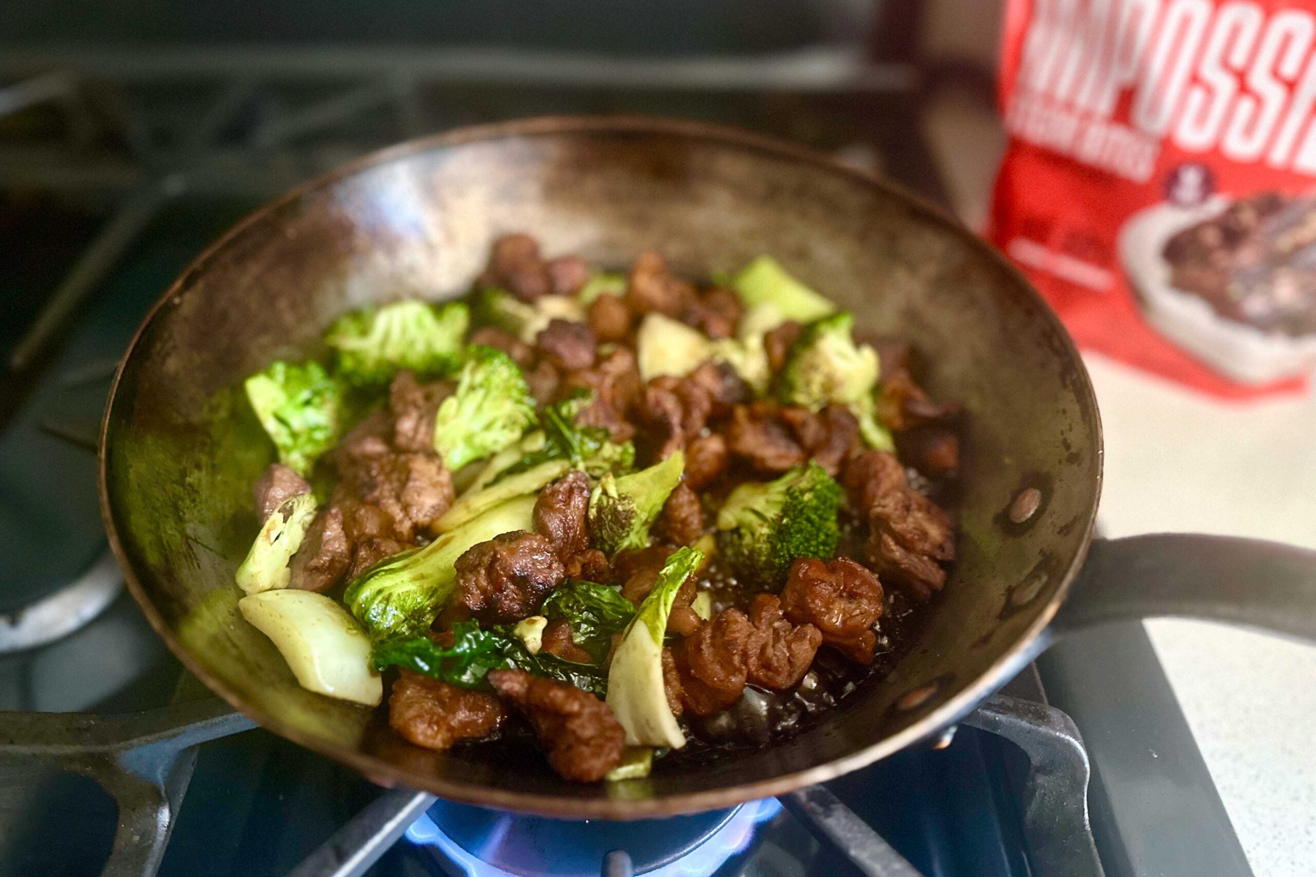 impossible steak bites in stir fry with bok choy