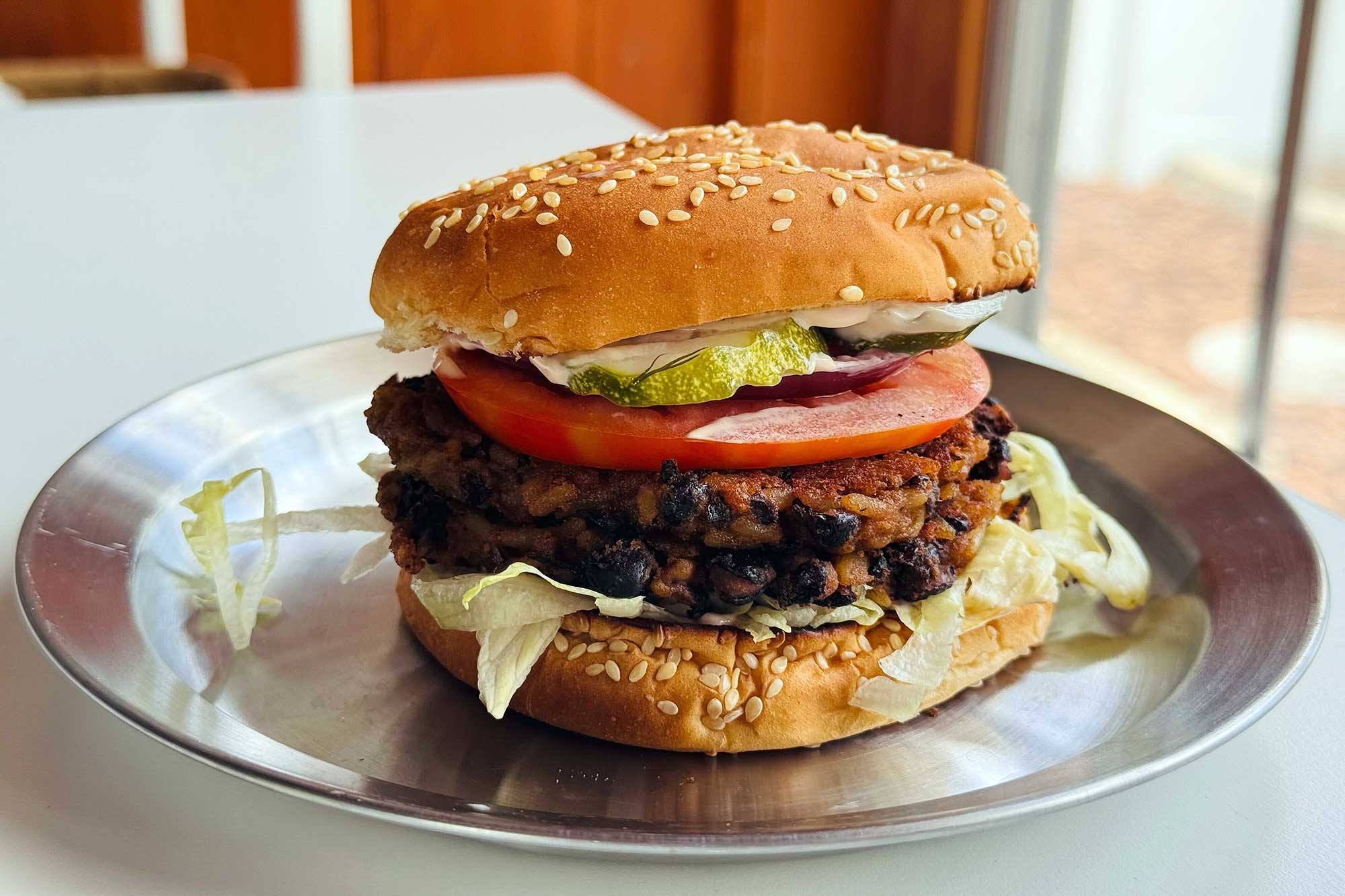 black bean smash burger on plate