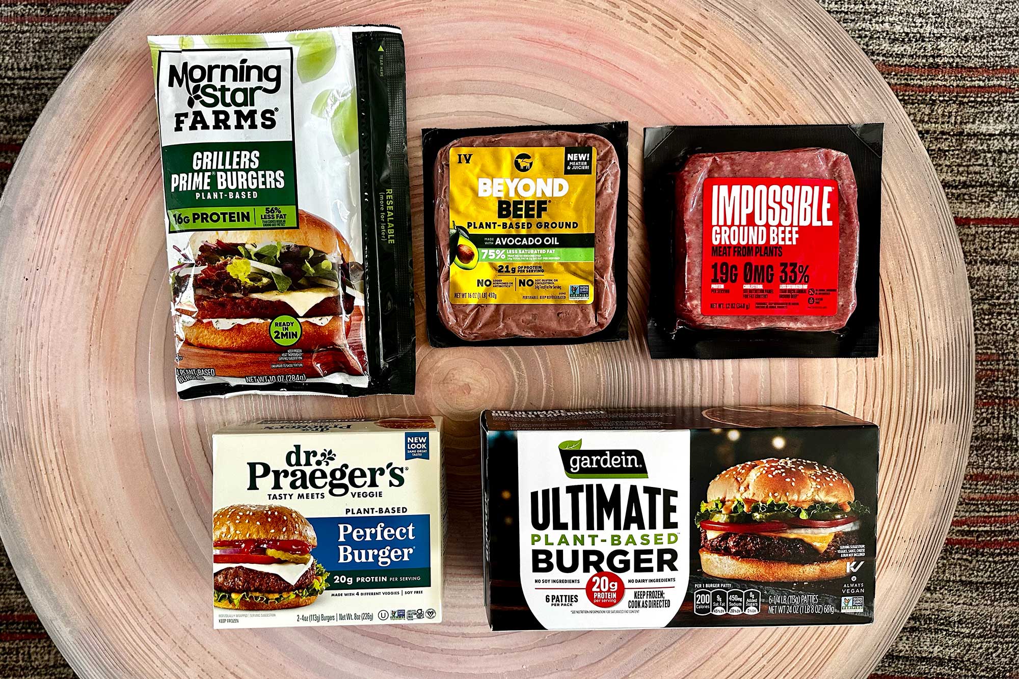 5 plant-based burgers in packaging