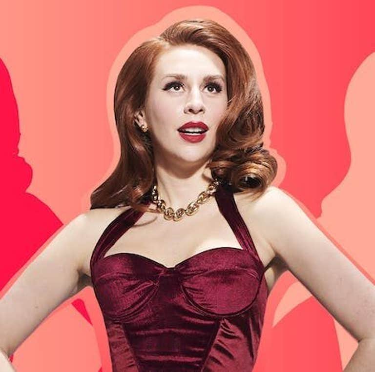 Woman in a red dress looking up surrounded by silhouettes of herself on a red background