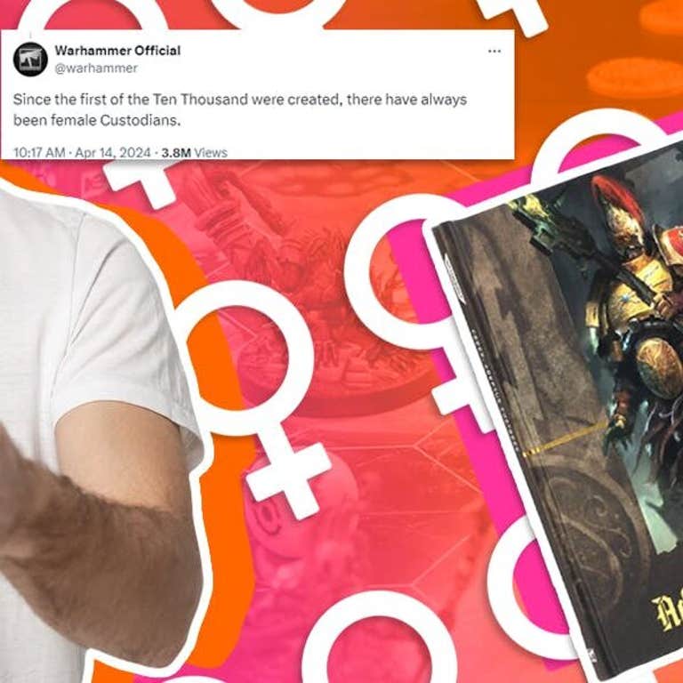 warhammer 40k adeptus custodes guide next to man on phone reading warhammer tweet about custodians being female with woman gender symbols in the background