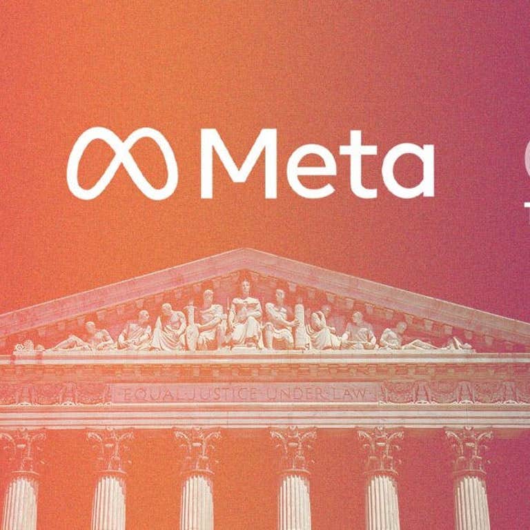 Single panel design showing a building that looks like a courthouse with the words "equal justice under law" carved into thehe building. There are three logos floating above that represent Google, Facebook meta, and TikTok.