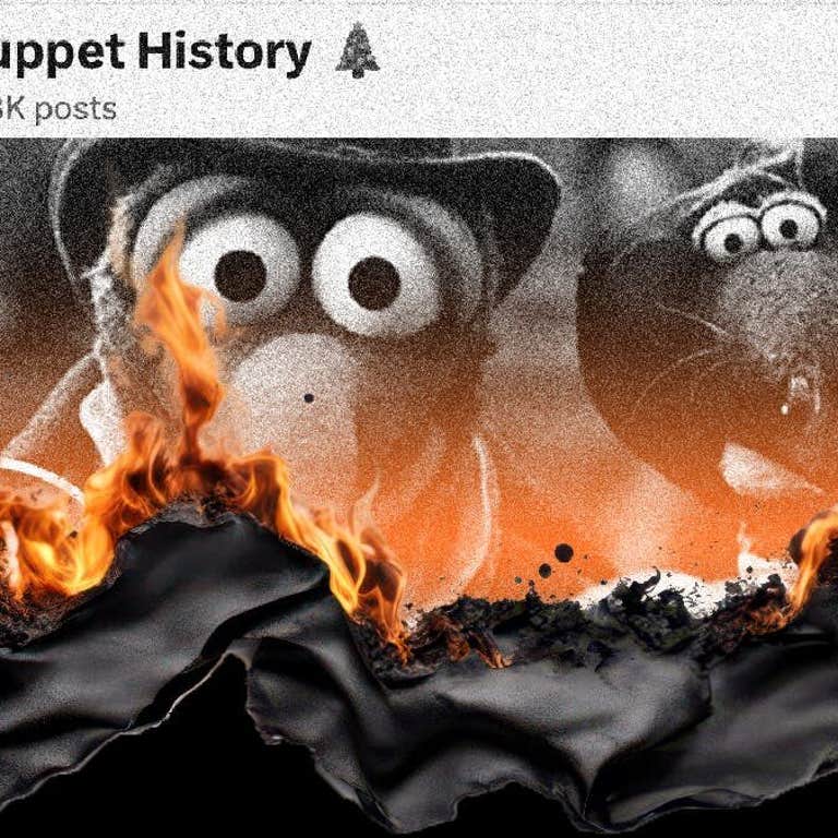 The X profile page for the account Muppet History appears to be burning like paper.