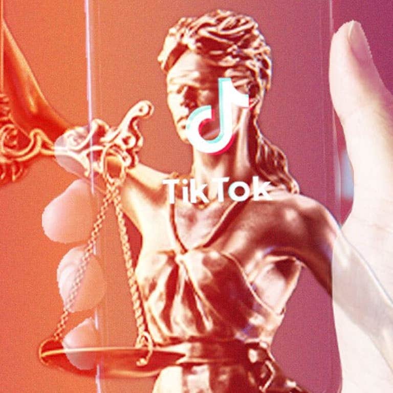 sign design with an overlay on the scales of justice statue featuring a woman holding the scales with a blindfold on, on top of an mage of a phone with the TikTok logo on it