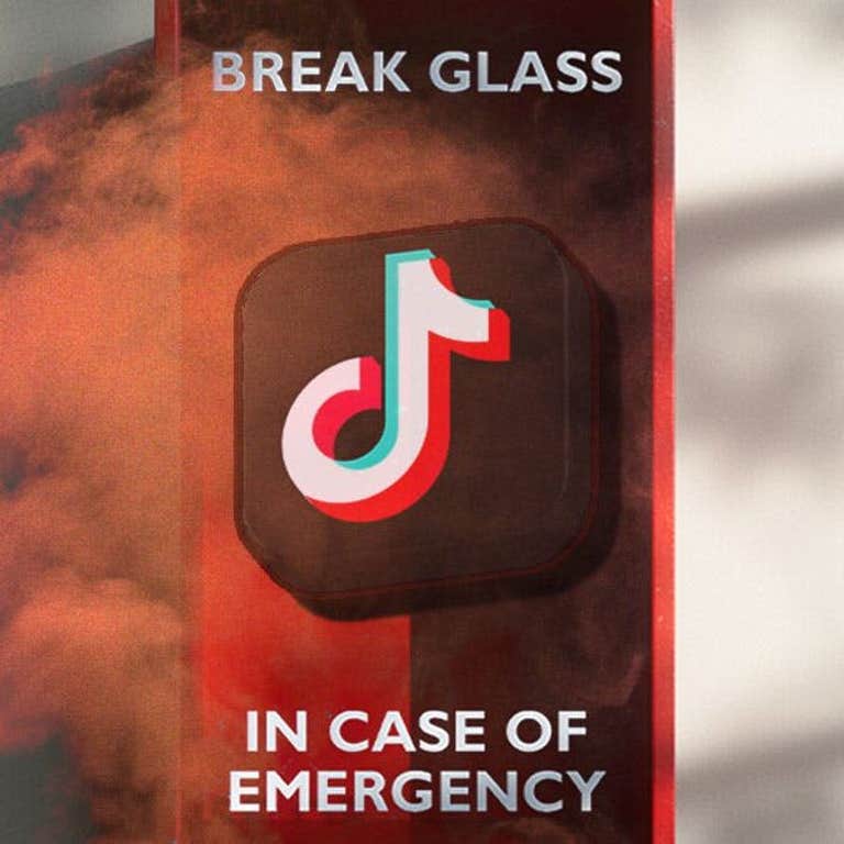 design with a Break Glass in Case of Emergency case with a TikTok logo inside. Smoke is surrounding the box.