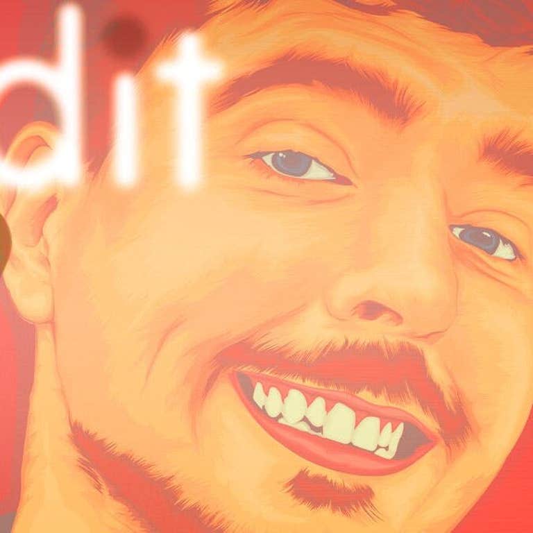 Two panel design with a phone on the bottom left with a reddit logo, next to an image of Mr Beast with another reddit logo over him