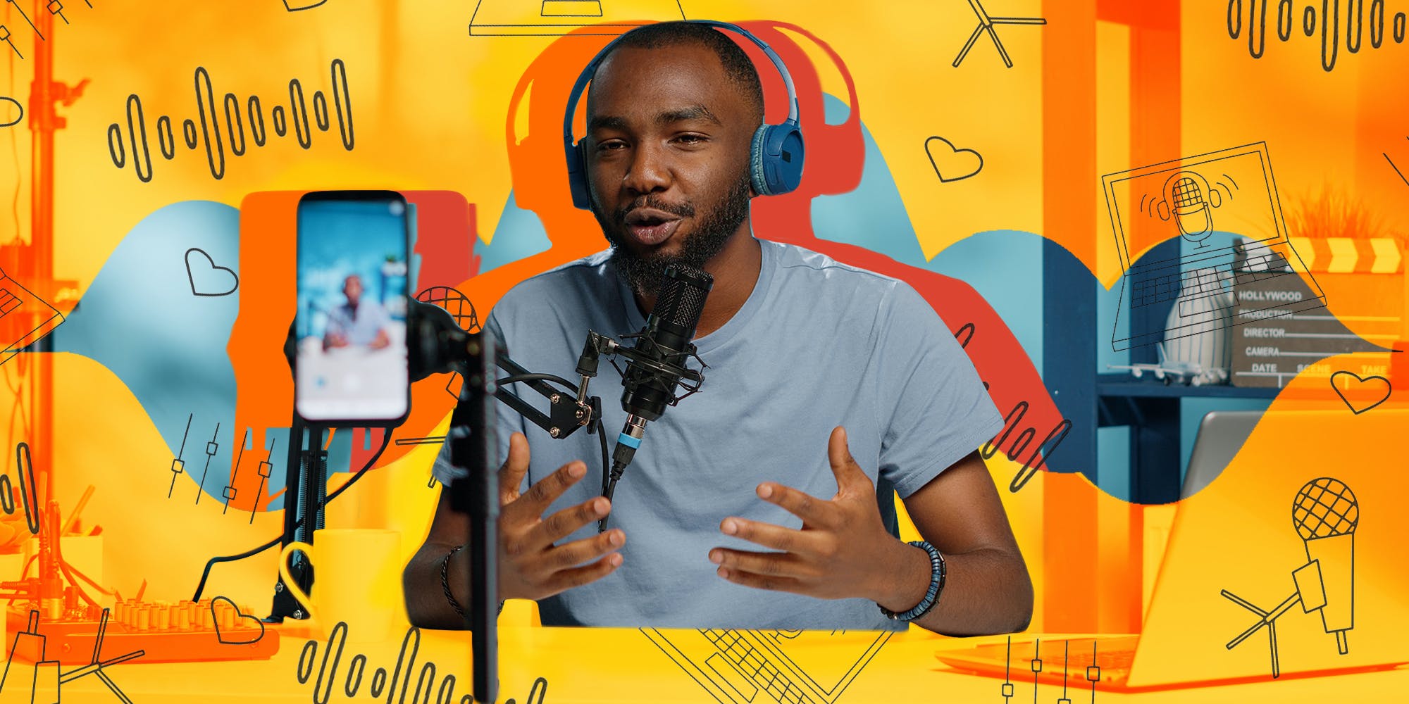 man speaking at desk with headphones phone and microphone on stand in front of yellow microphone doodles background Passionfruit Remix