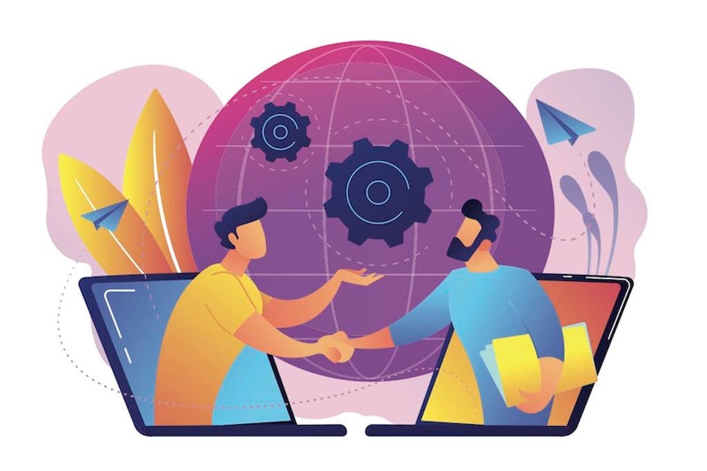 Businessmen shaking hands through laptop screens as online business, conference, meeting, network, deal, negotiations, agreement concept, violet palette. Vector illustration on white background.