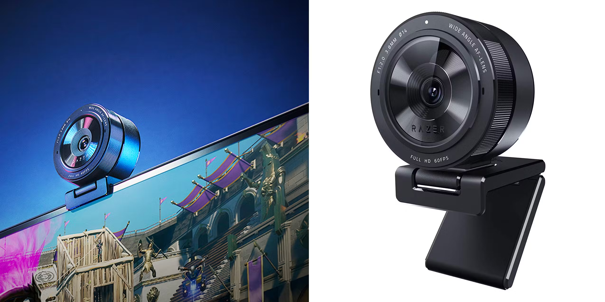 Razer Kiyo Pro webcamera mounted on a computer screen along with a product images.
