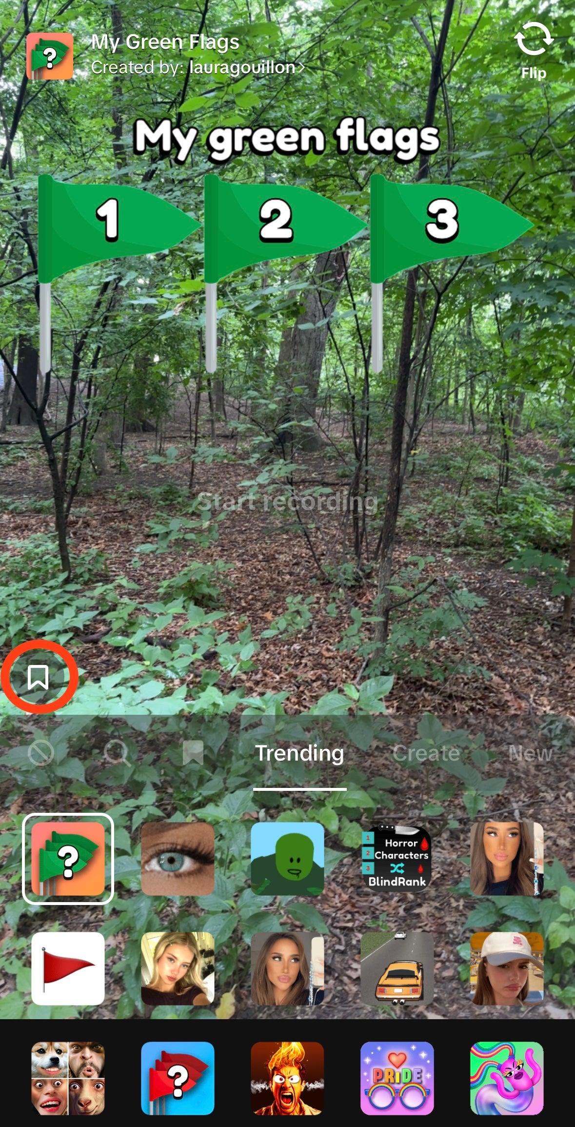 A screenshot of the window that appears when you press the “Effects” button on TikTok. A gallery of different icons representing different effects fills up the bottom third of the screen. A bookmark icon is on the top left of the effect gallery, circled in red.