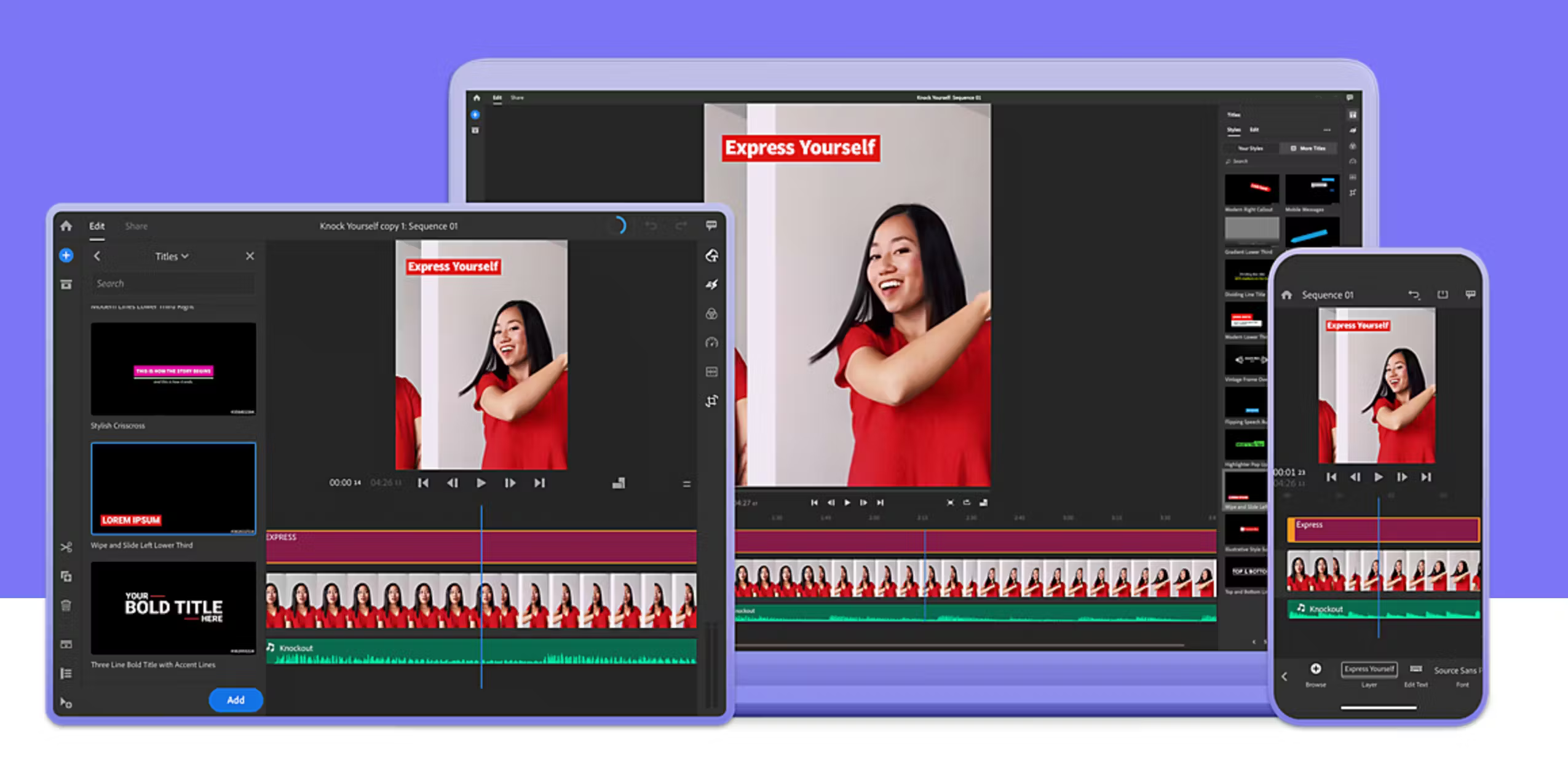 Adobe Premiere Rush being used on tablet, desktop, and smartphone.