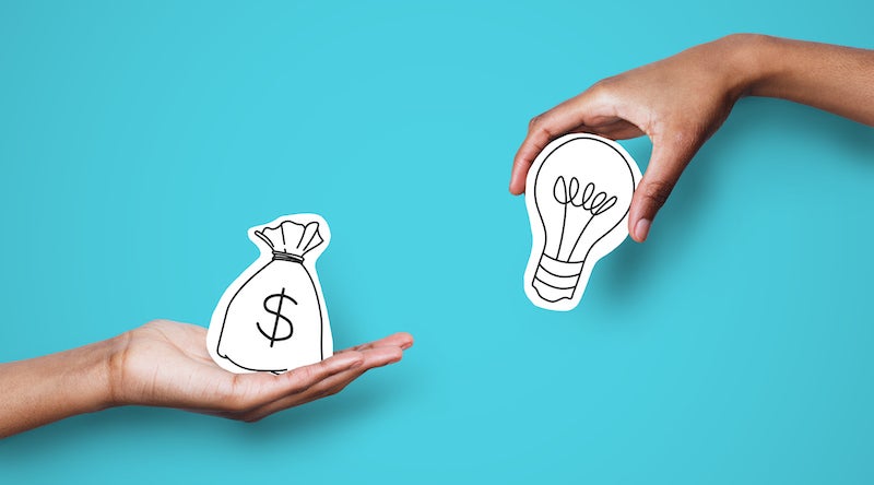FTC Guidelines - material connections someone exchanging a drawing of money for a drawing of ideas 