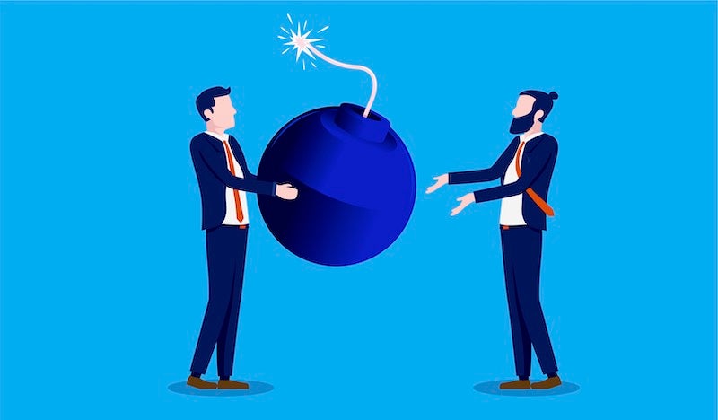 Creator burnout - delegate - man handing another man a bomb