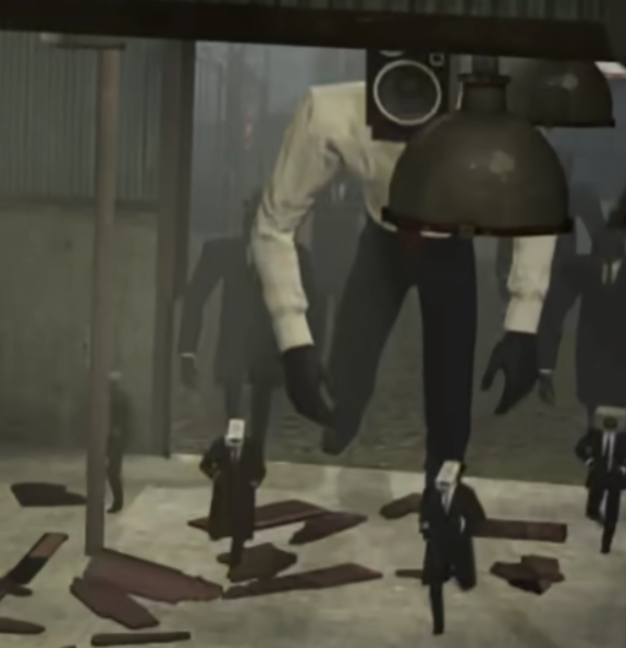 A group of people in formal wear and cameras for heads run through debris. Behind them are several more giant figures in formal wear with speakers for heads.
