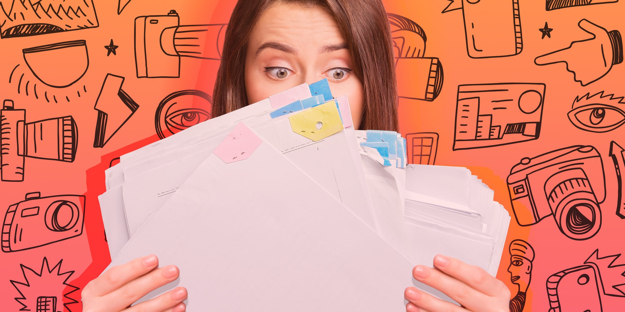 Surprised looking woman holding contracts in her hands in front of camera graphics background