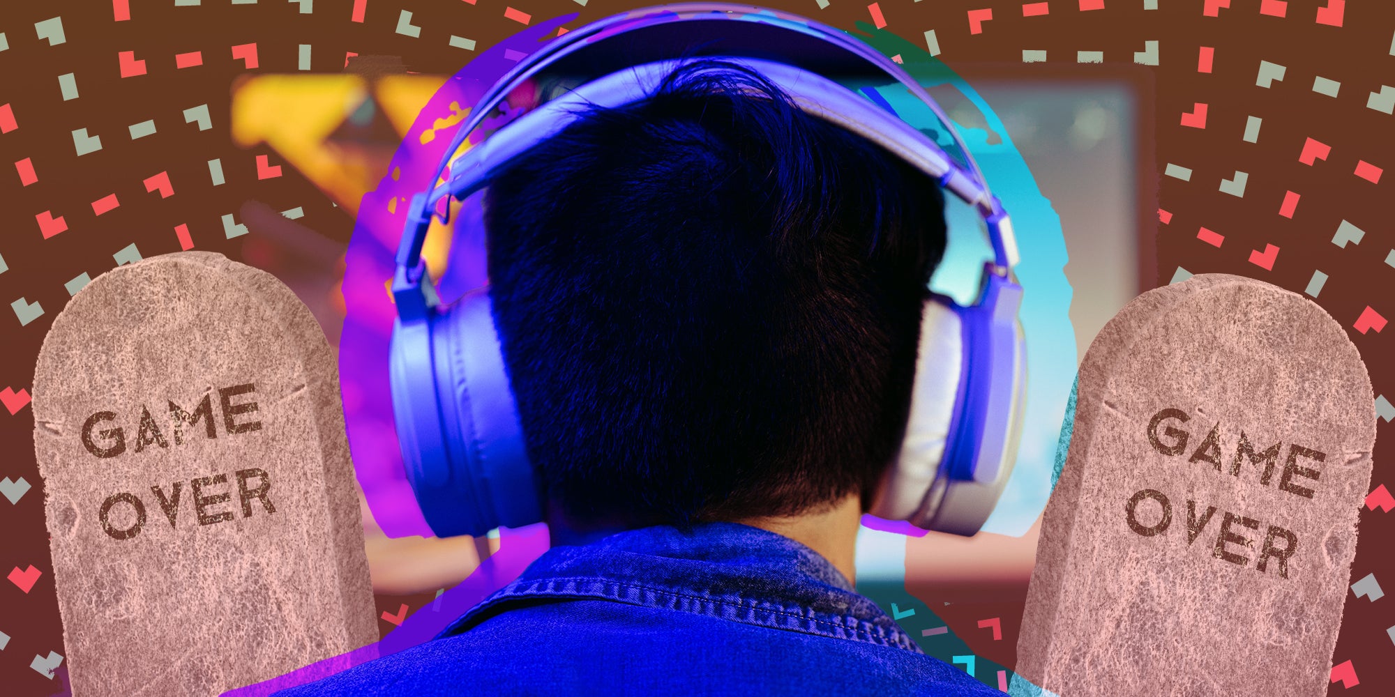 Gamer with Headphones on surrounded by tombstones that say Game over
