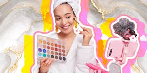 Influencer doing makeup in front of golden background creator economy guilded age