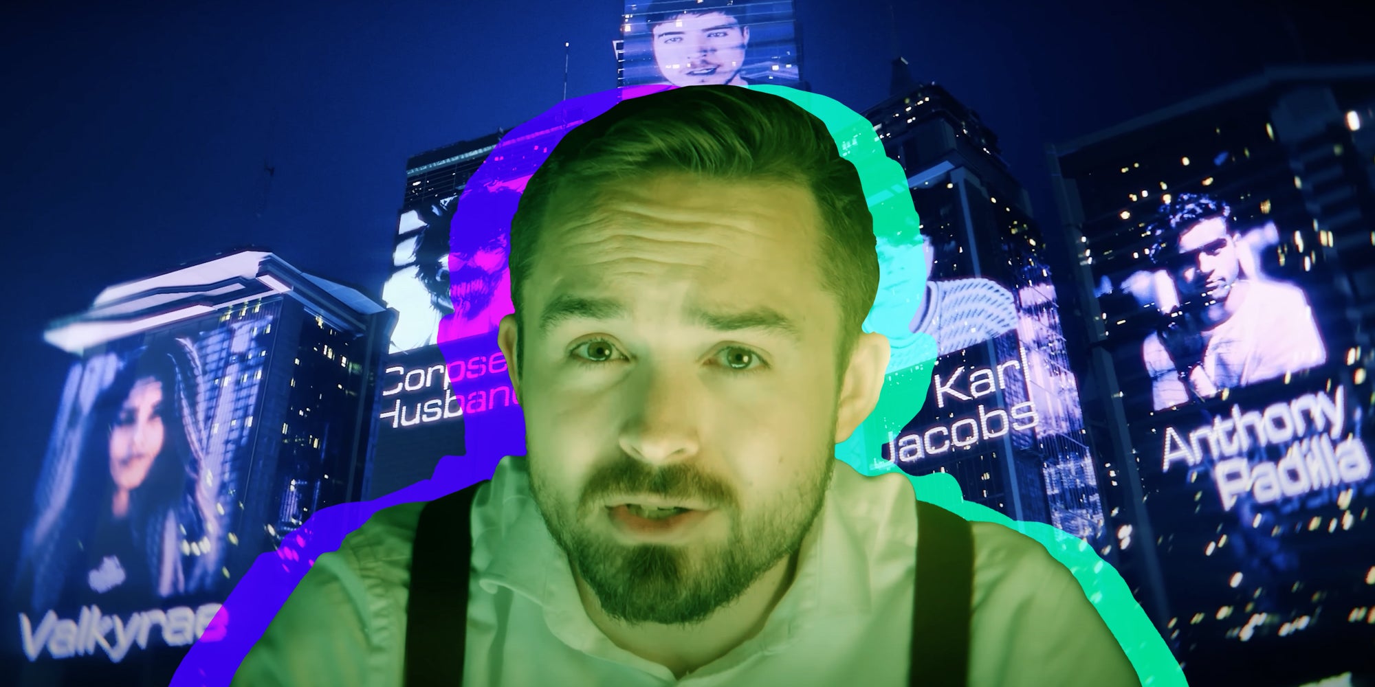 Coffeezilla youtuber in front of skyscrapers with youtube influencers