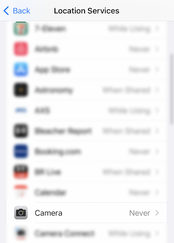 locate the camera app to run off location services for iOS photos