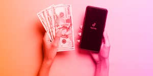 influencer holding how much money they made and a phone showing tiktok logo