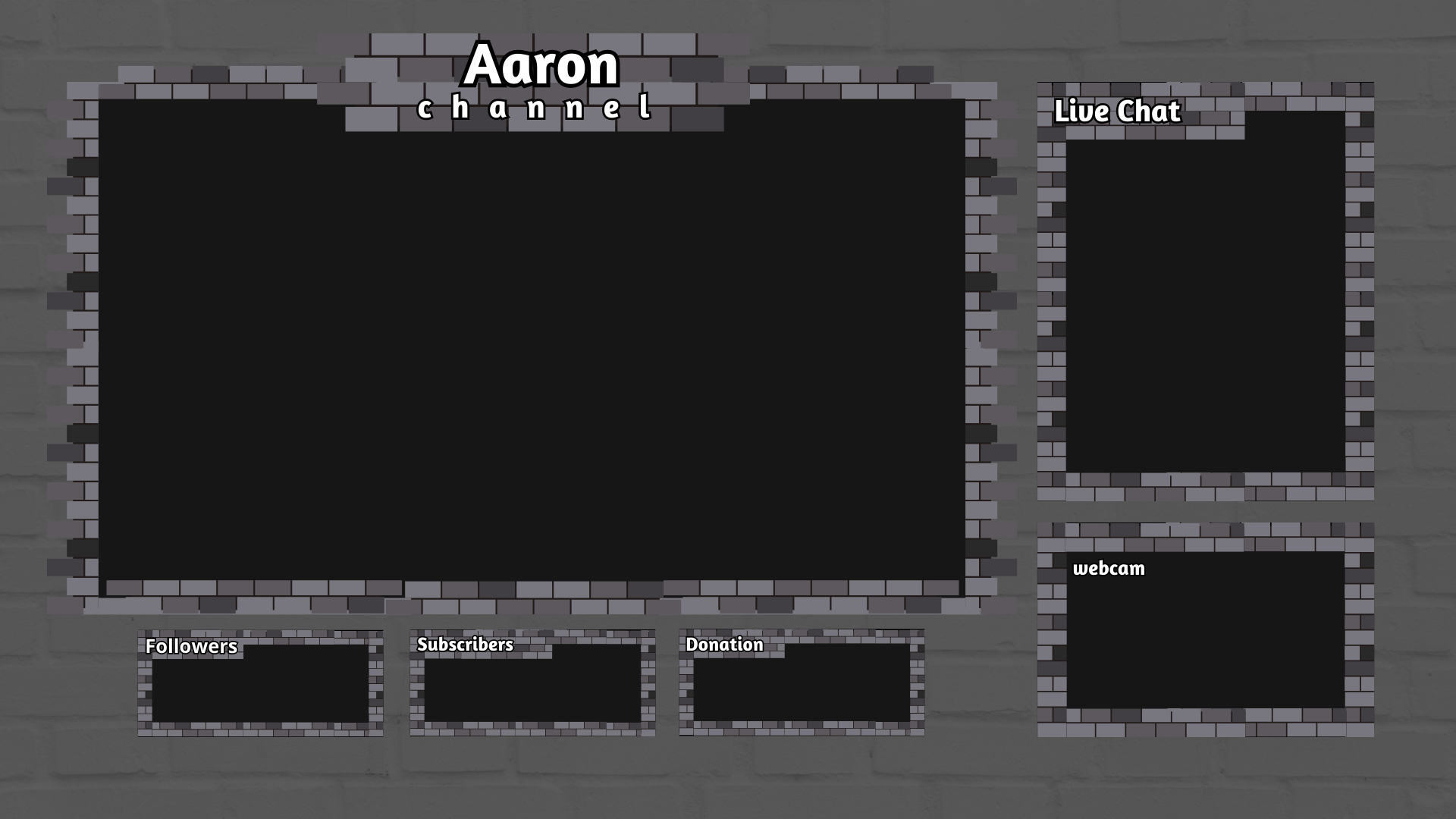 A template overlay from Canva featuring a main broadcast window, a webcam window, chat box, and button options