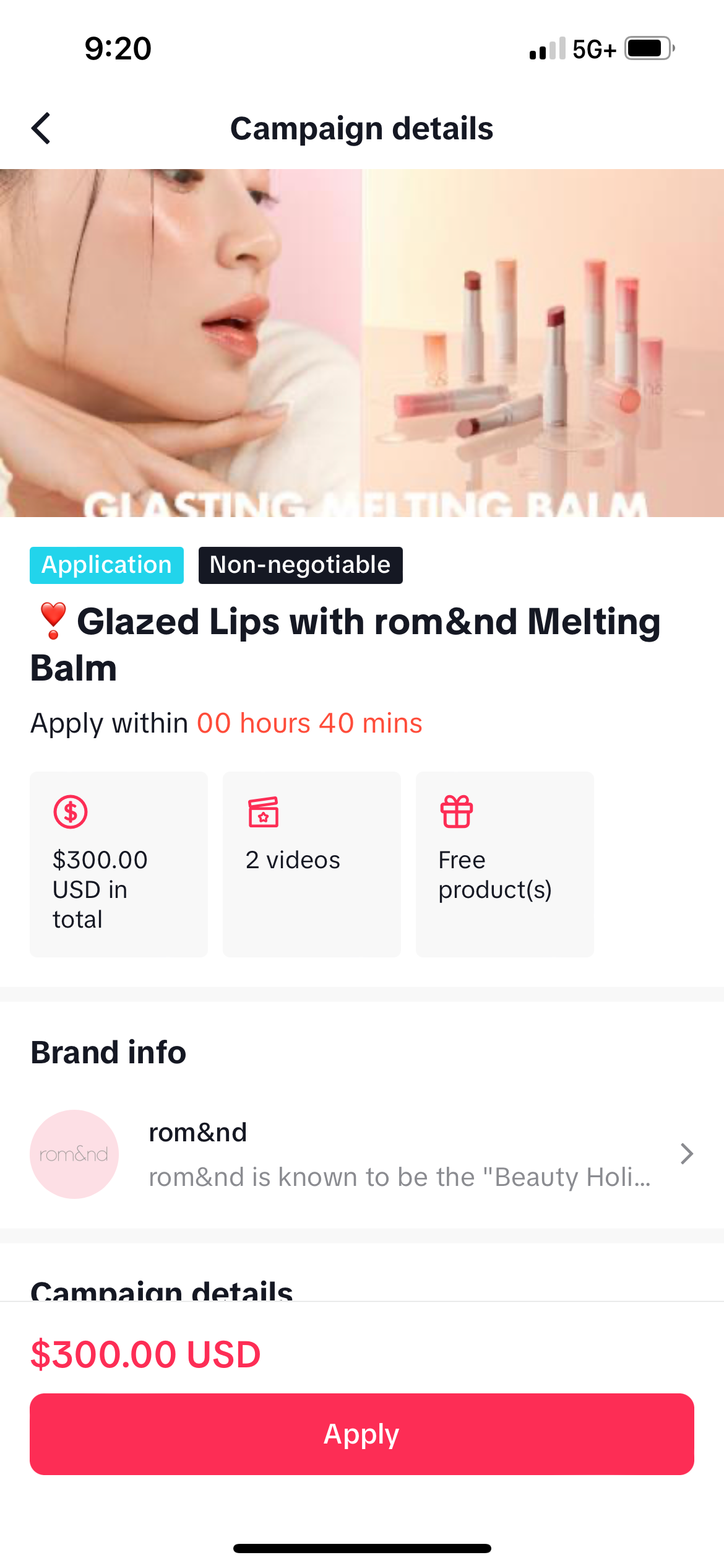 screen shot of the creator marketplace showing what a brand offer looks like