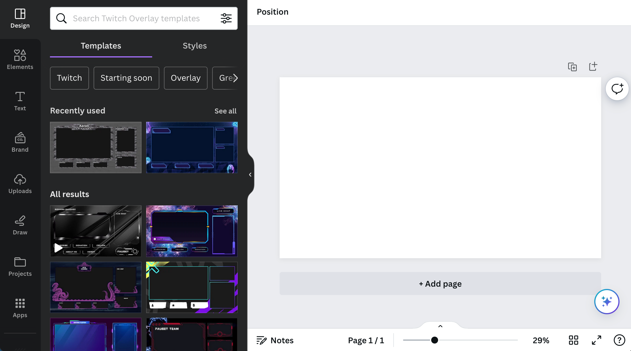 twitch overlays - example of the starting screen in Canva's interface 