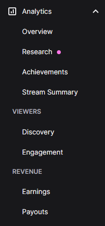 twitch analytics - menus
