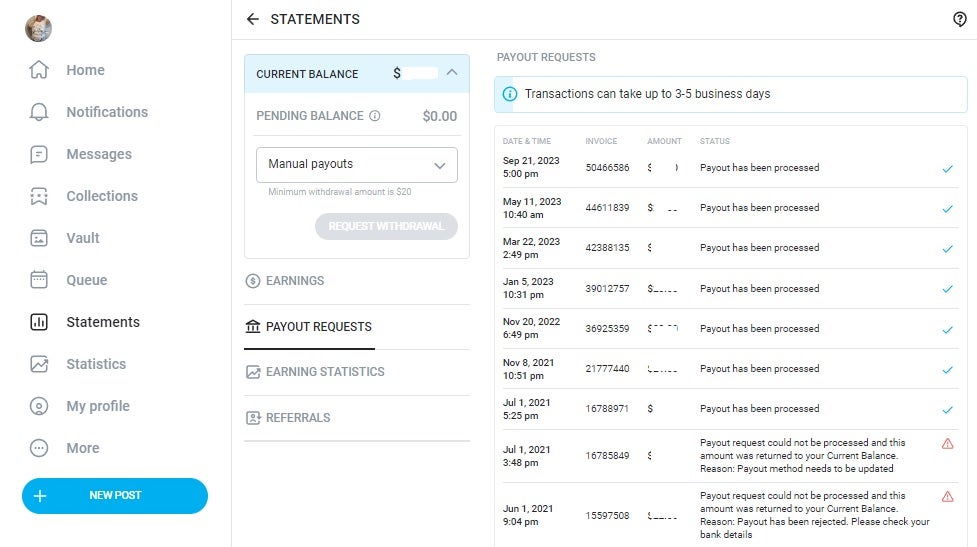 onlyfans payout - a screenshot of the onlyfans payout screen