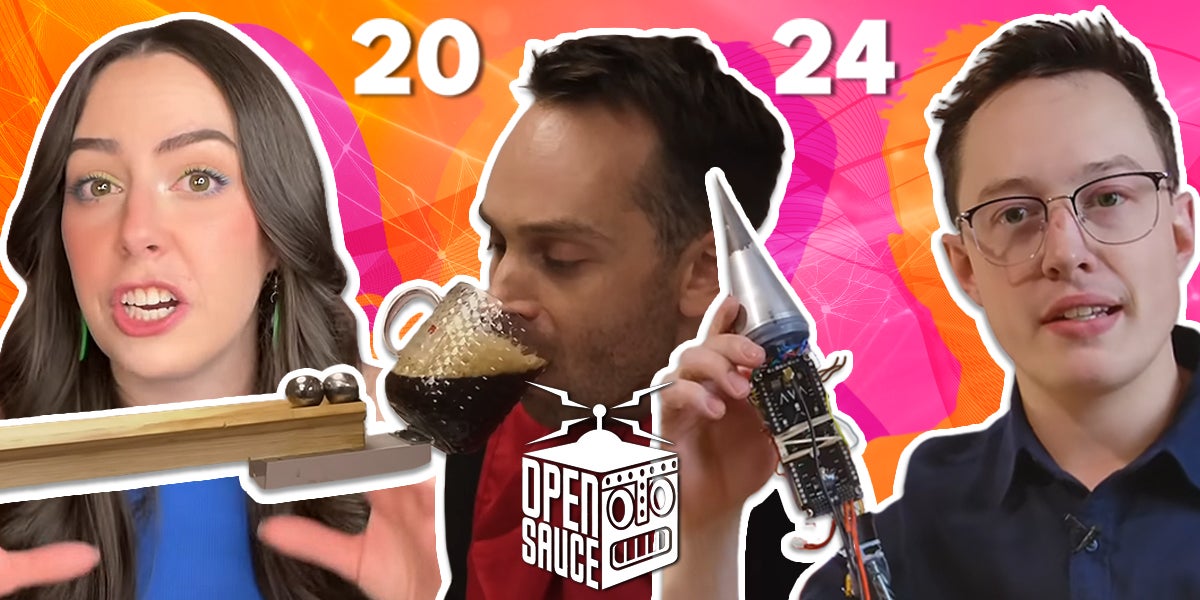 open sauce 2024 creator convention logo next to three creators showing science inventions