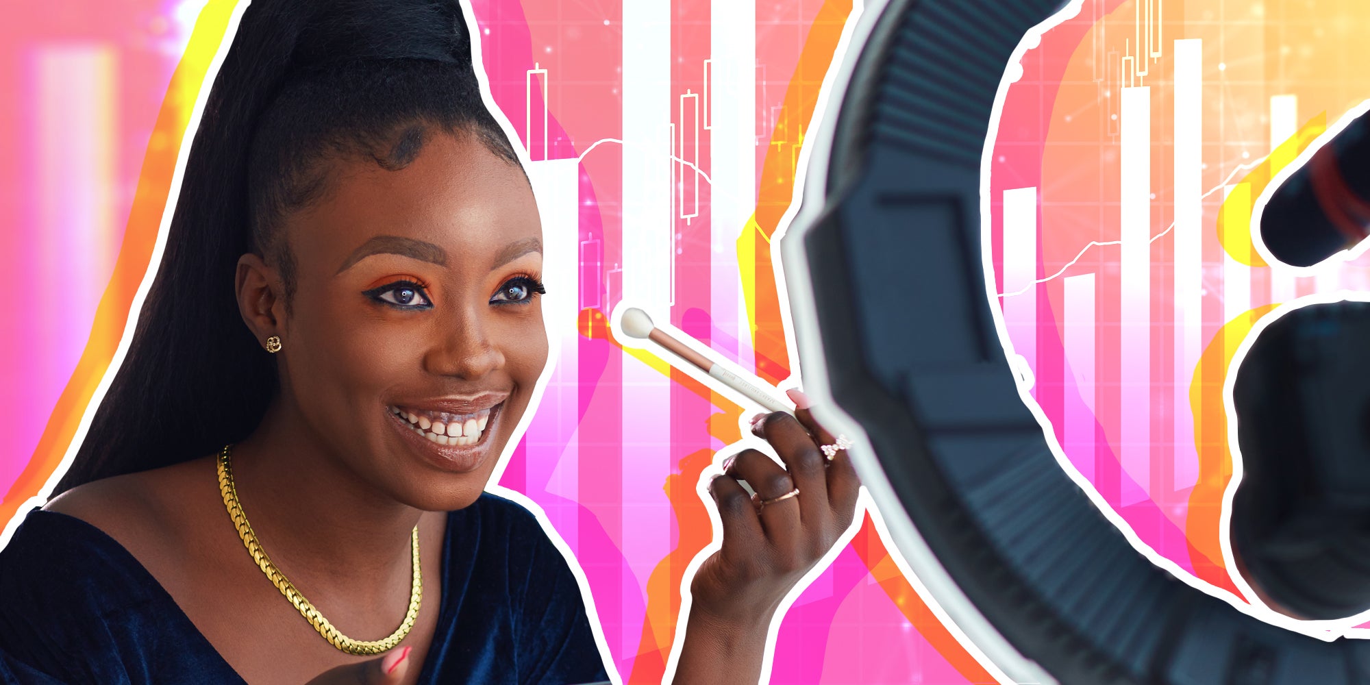 content creator putting on makeup in front of ring light with investor stock charts behind her