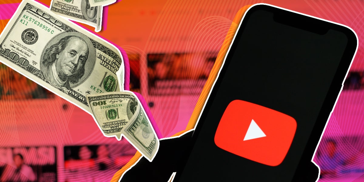 iphone with a youtube logo on the screen with 100 dollar bills floating in the background