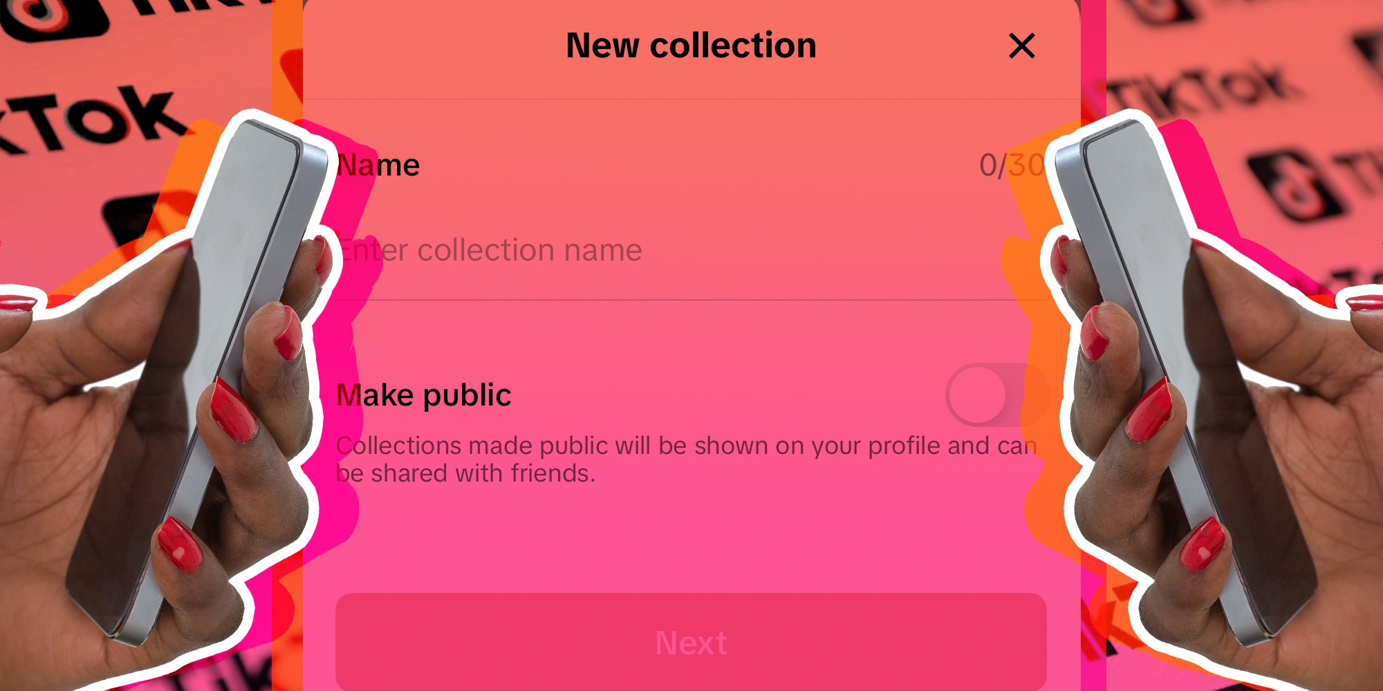 Two hands holding phones with background of tiktok logo and new collection menu