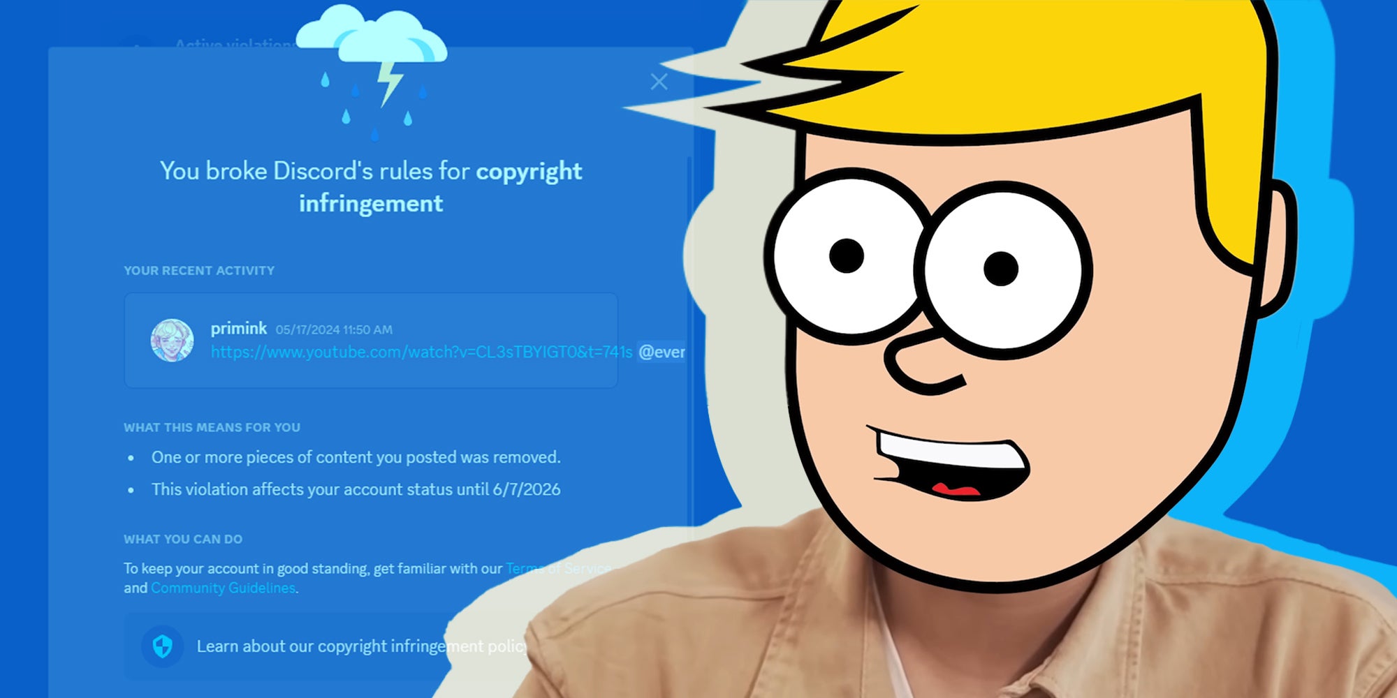 Cartoon Primink in front of "Discord copyright infringment" message