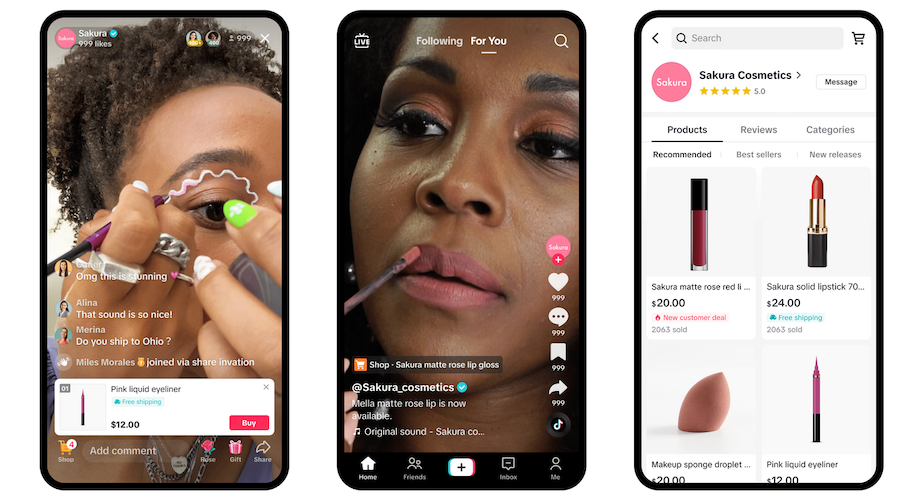Is TikTok shop safe - three images of a woman selling, buying, and trying on makeup in the TikTok shop