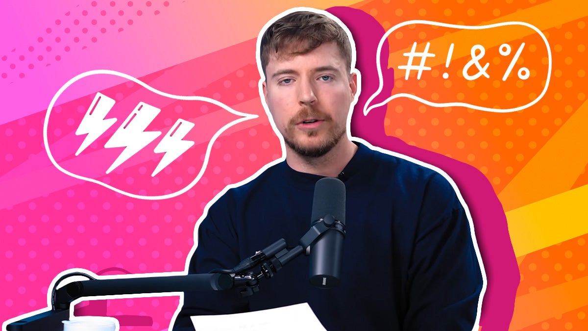mrbeast next to microphone holding piece of paper, next to speech bubbles representing an apology