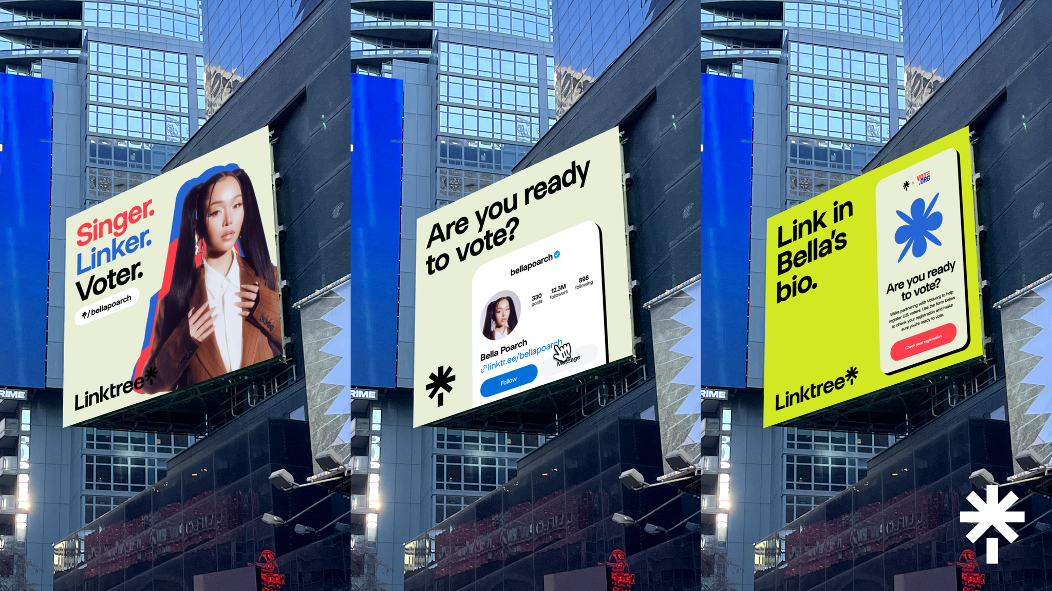 linktree voter registration billboard featuring bella poarch in times square