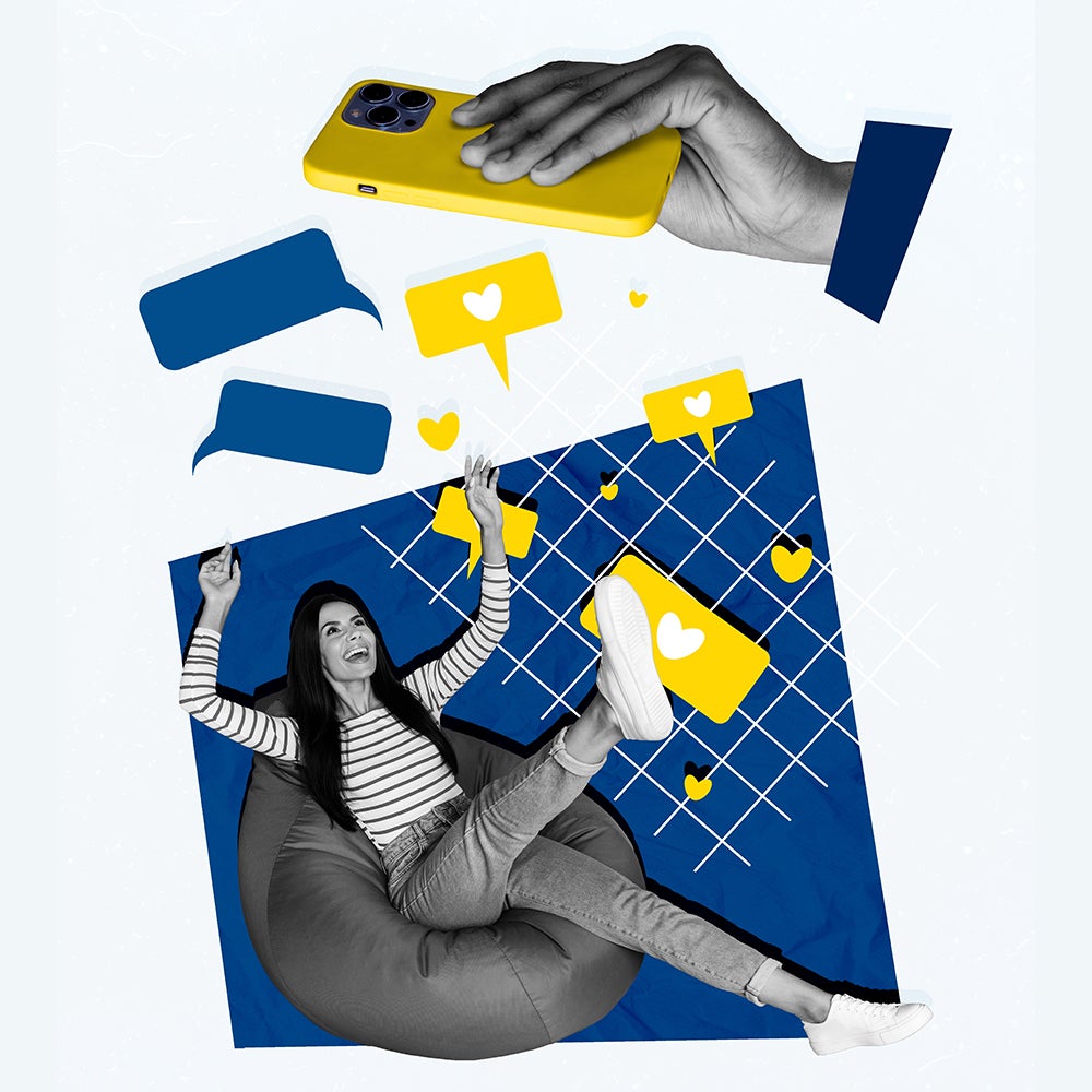 Monetization guide - Collage art illustration of young funky woman lying pouf comfort enjoy popularity phone likes dropping isolated on plaid blue background