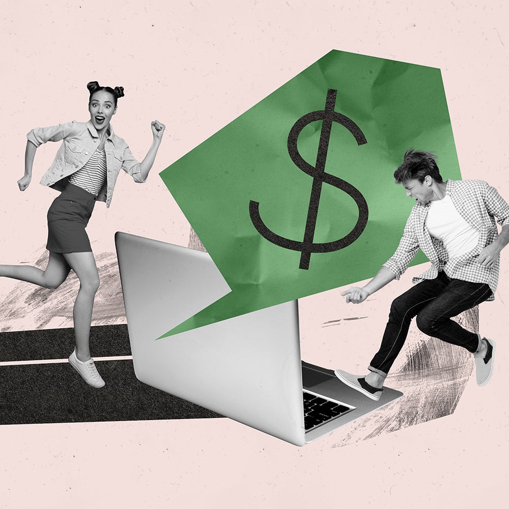 Composite photo collage of happy girl guy colleagues earn dollar notification best success workers macbook isolated on painted background