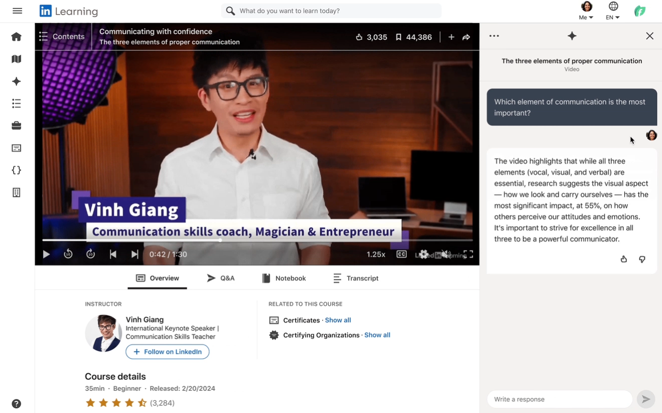 screen showing a linkedin course with ai generated summaries and notes