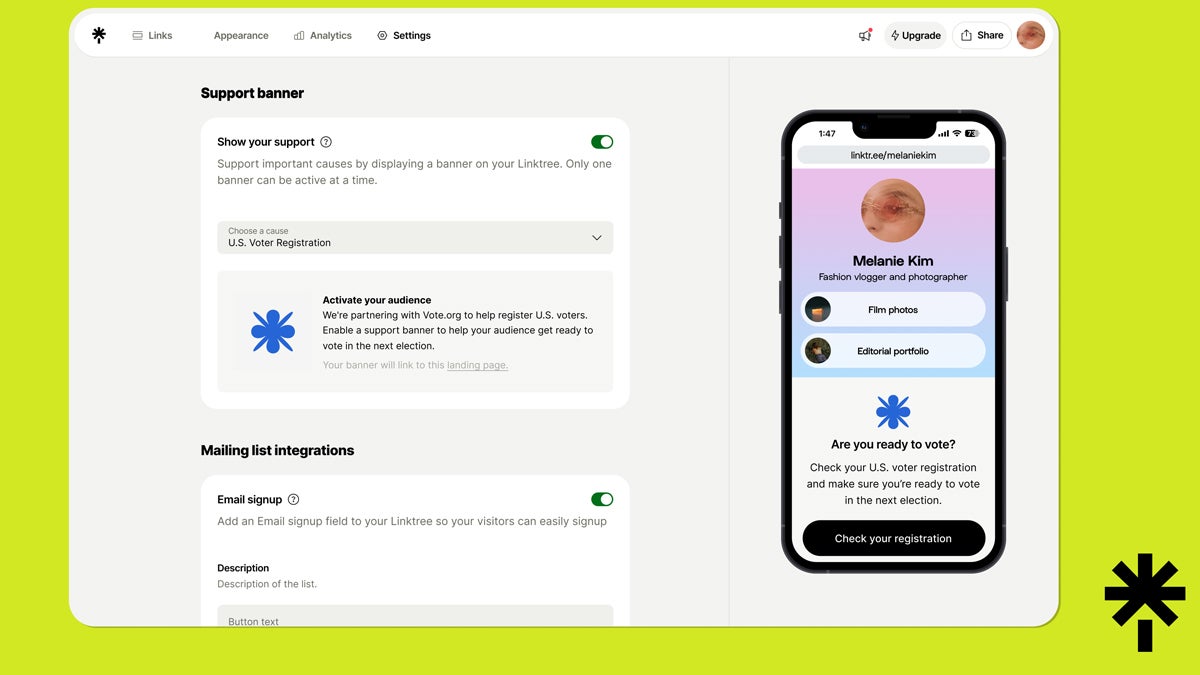 linktree settings showing how to add a voter registration support banner to your page