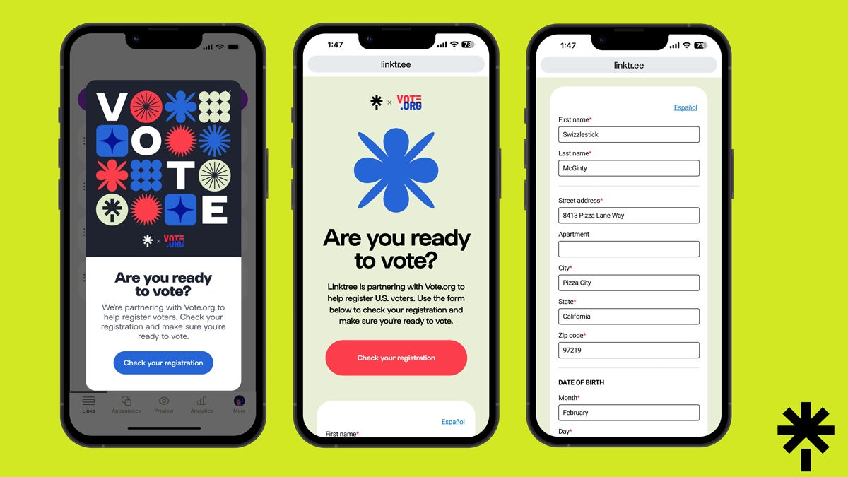 phones showing linktree and vote.org voter registration pages