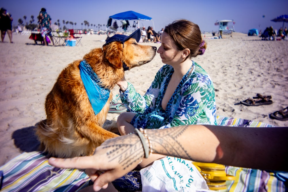 A tender moment with a very cool dog at Rosie's Dog Beach in Long Beach