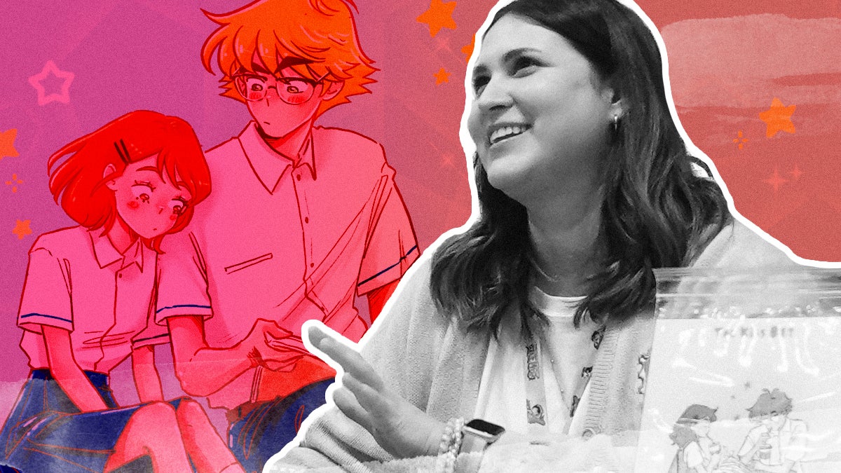 Comic Artist Ingrid Ochoa over their art from the comic The Kiss Bet
