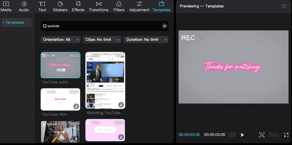 capcut desktop review - example of easy to use templates such as youtube intros