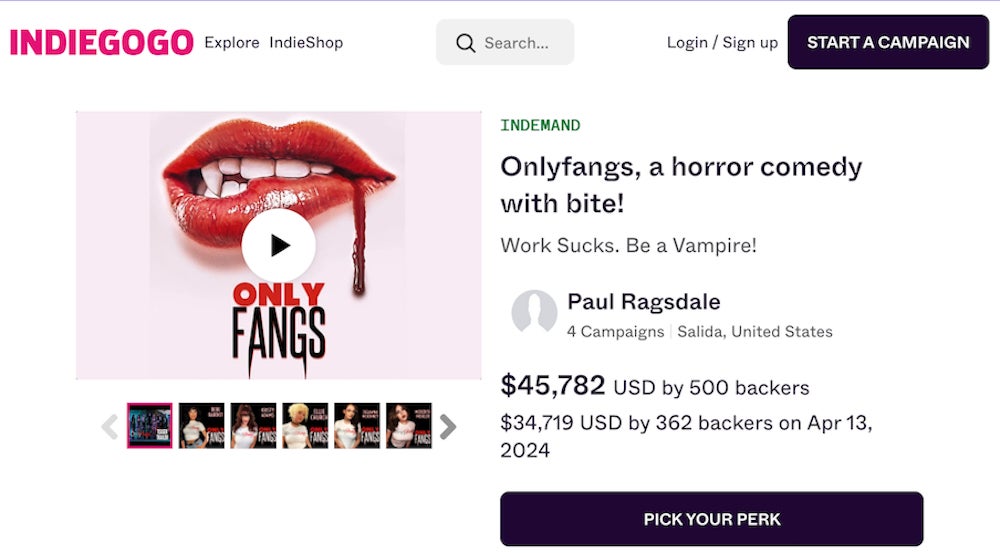 Indiegogo - a screen shot of the indigogo campagin for OnlyFangs a new horror comedy
