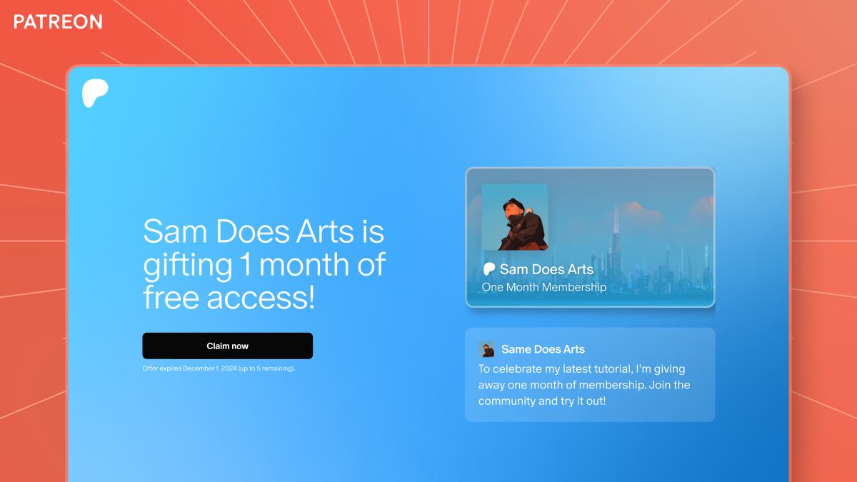 image of a patreon screen showing a picture of a creator named sam does art with a "1 month of free access" membership gift