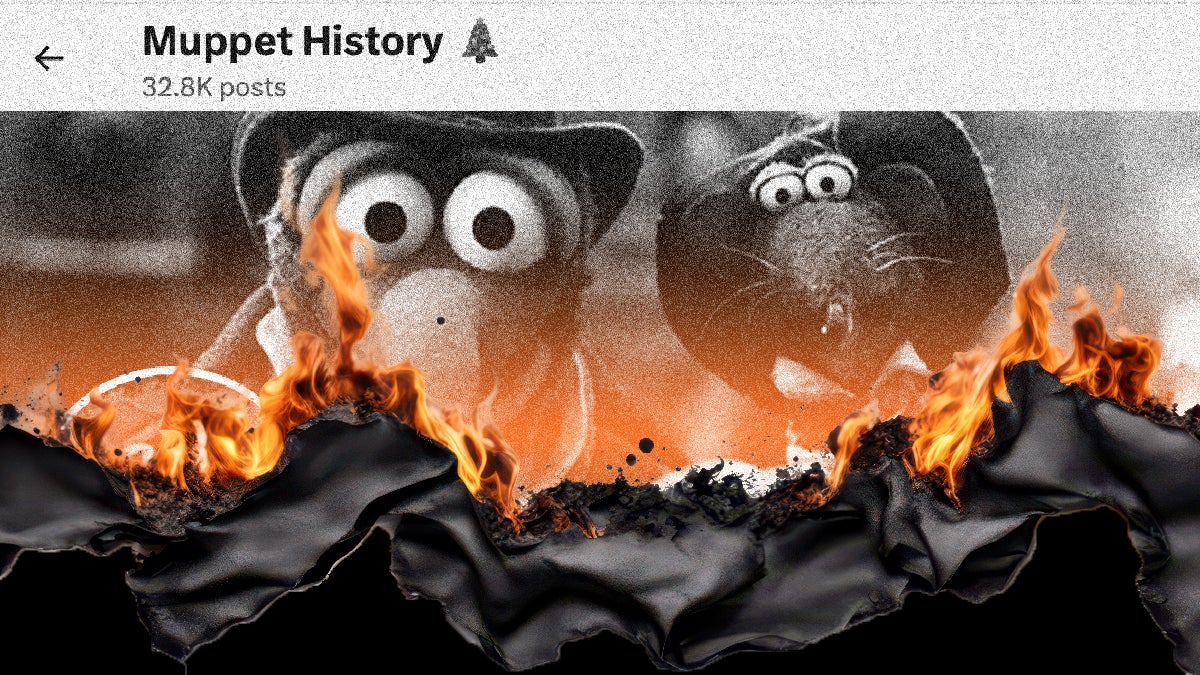The X profile page for the account Muppet History appears to be burning like paper.