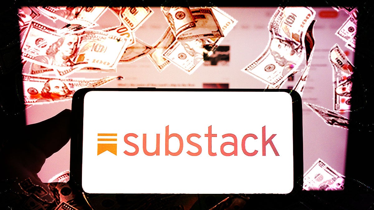 Design with the Substack logo on a phone being held by a person, with money flying around